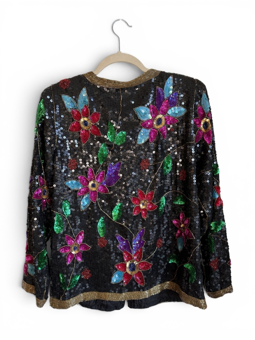 Vintage 100% Silk Hand Beaded Sequin Floral Trophy Cardigan Jacket M - Picture 15 of 15